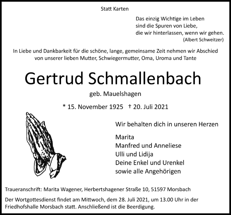  Traueranzeige für Gertrud Schmallenbach vom 23.07.2021 aus  Lokalanzeiger 