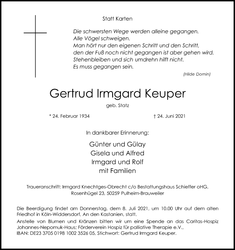  Traueranzeige für Gertrud Irmgard Keuper vom 03.07.2021 aus Kölner Stadt-Anzeiger / Kölnische Rundschau / Express
