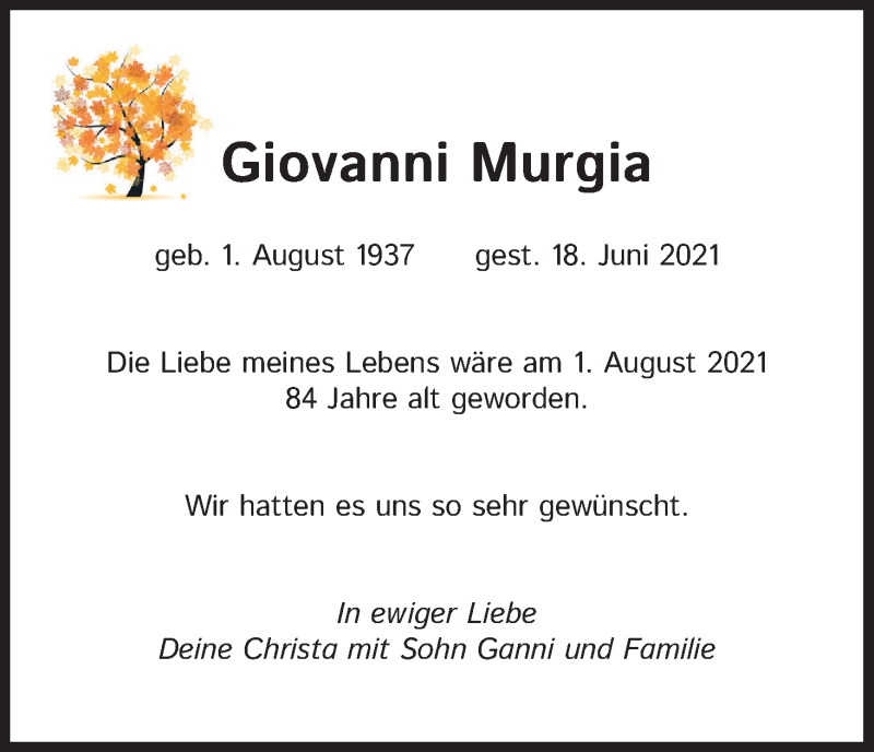  Traueranzeige für Giovanni Murgia vom 31.07.2021 aus Kölner Stadt-Anzeiger / Kölnische Rundschau / Express
