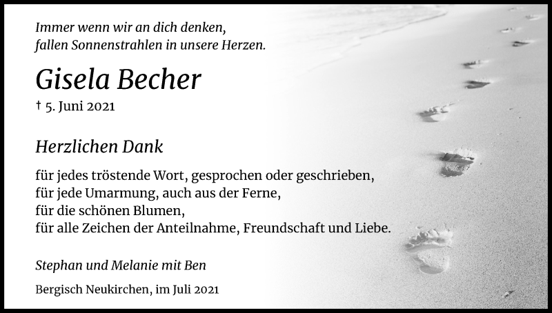  Traueranzeige für Gisela Becher vom 10.07.2021 aus Kölner Stadt-Anzeiger / Kölnische Rundschau / Express