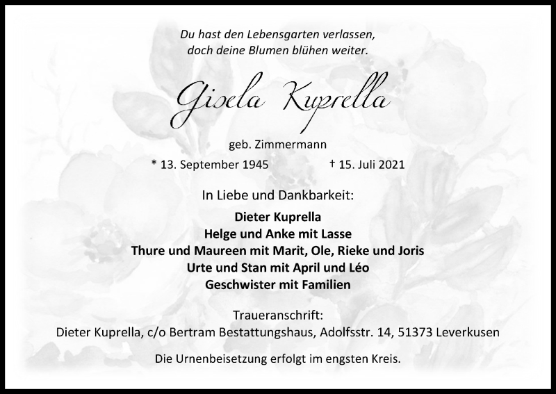  Traueranzeige für Gisela Kuprella vom 24.07.2021 aus Kölner Stadt-Anzeiger / Kölnische Rundschau / Express