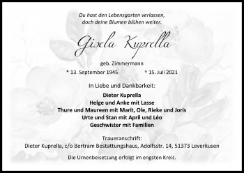 Anzeige von Gisela Kuprella von Kölner Stadt-Anzeiger / Kölnische Rundschau / Express