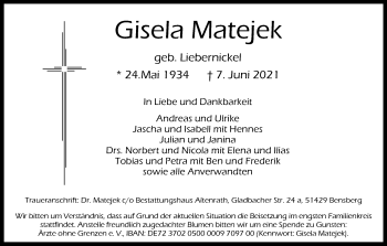 Anzeige von Gisela Matejek von Kölner Stadt-Anzeiger / Kölnische Rundschau / Express
