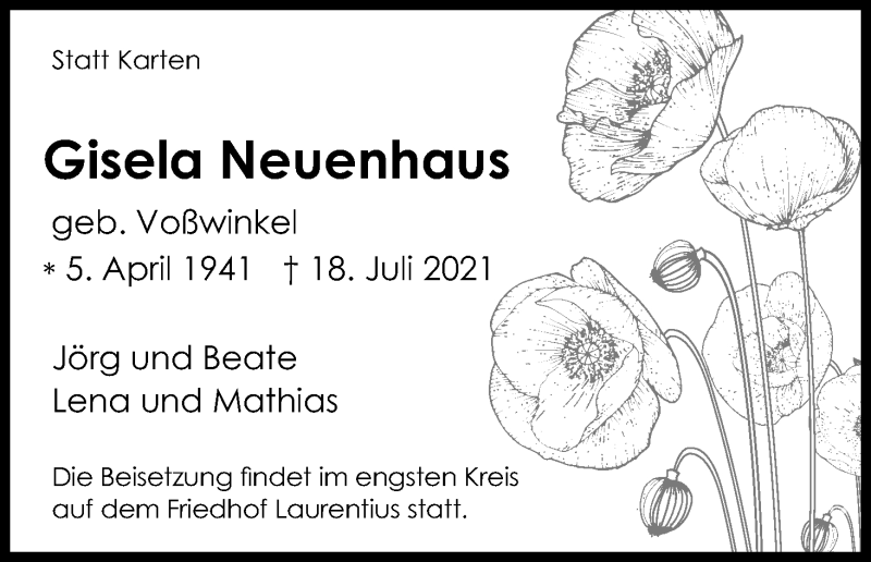  Traueranzeige für Gisela Neuenhaus vom 24.07.2021 aus Kölner Stadt-Anzeiger / Kölnische Rundschau / Express