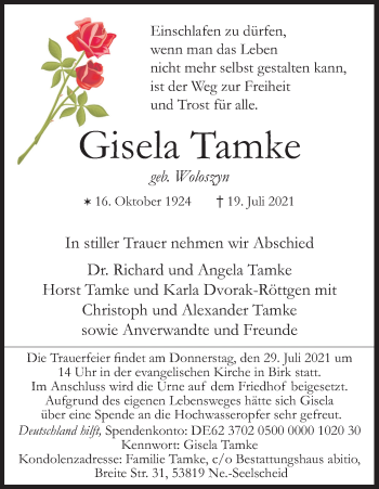 Anzeige von Gisela Tamke von Kölner Stadt-Anzeiger / Kölnische Rundschau / Express
