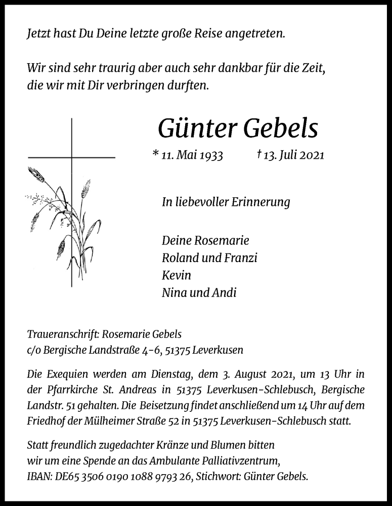  Traueranzeige für Günter Gebels vom 24.07.2021 aus Kölner Stadt-Anzeiger / Kölnische Rundschau / Express