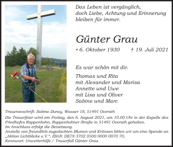 Anzeige von Günter Grau von Kölner Stadt-Anzeiger / Kölnische Rundschau / Express