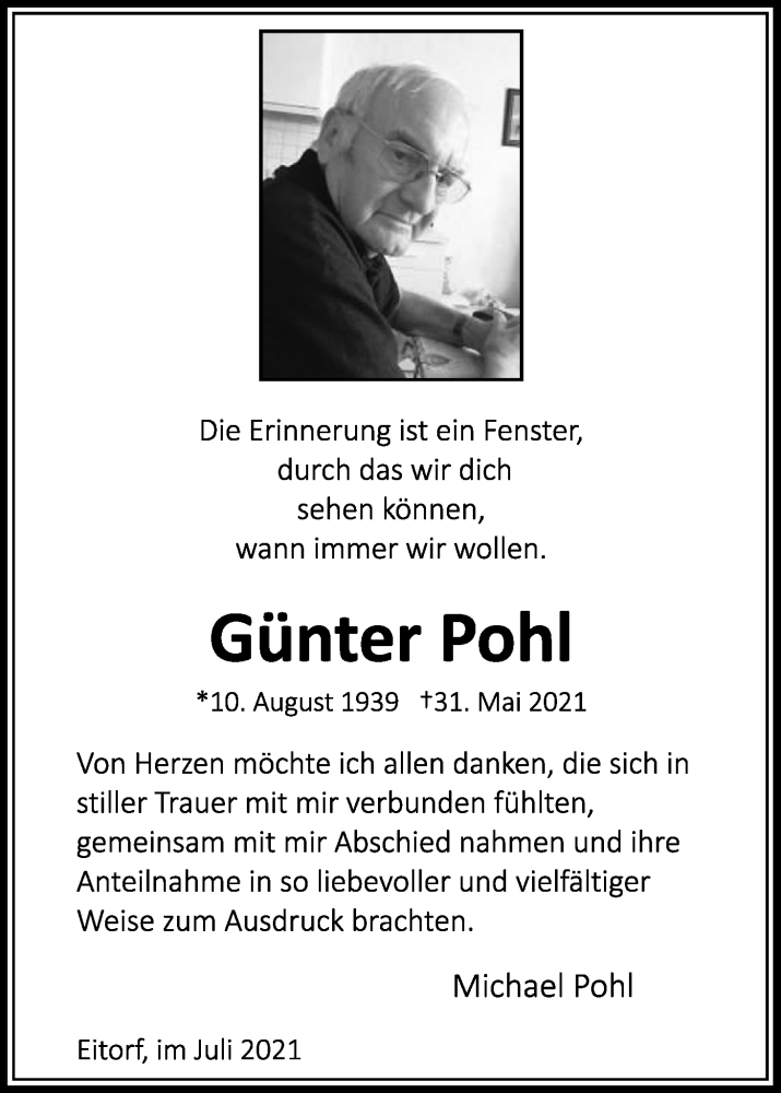 Traueranzeige für Günter Pohl vom 03.07.2021 aus Kölner Stadt-Anzeiger / Kölnische Rundschau / Express