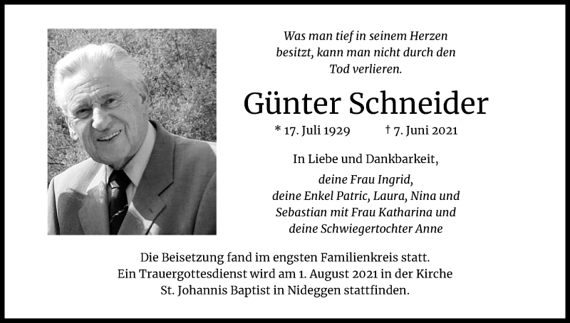  Traueranzeige für Günter Schneider vom 28.07.2021 aus Kölner Stadt-Anzeiger / Kölnische Rundschau / Express