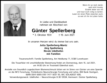 Anzeige von Günter Spellerberg von Kölner Stadt-Anzeiger / Kölnische Rundschau / Express
