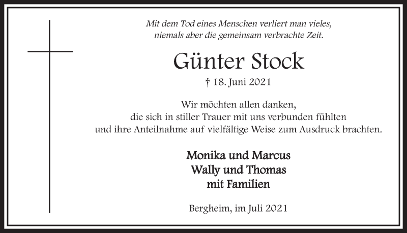  Traueranzeige für Günter Stock vom 23.07.2021 aus  Werbepost 