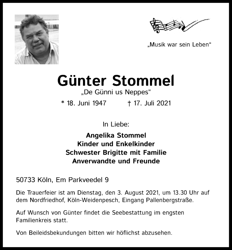  Traueranzeige für Günter Stommel vom 24.07.2021 aus Kölner Stadt-Anzeiger / Kölnische Rundschau / Express
