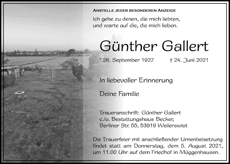  Traueranzeige für Günther Gallert vom 03.07.2021 aus  Blickpunkt Euskirchen 