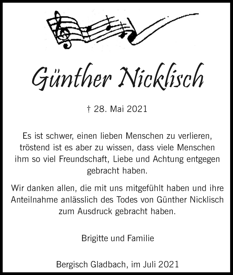  Traueranzeige für Günther Nicklisch vom 03.07.2021 aus Kölner Stadt-Anzeiger / Kölnische Rundschau / Express