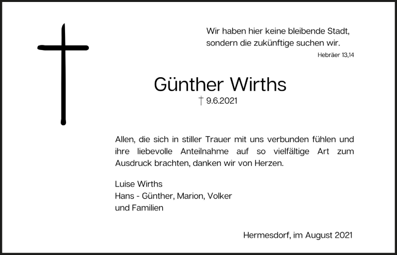  Traueranzeige für Günther Wirths vom 30.07.2021 aus  Anzeigen Echo 