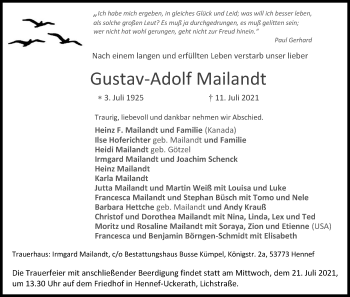 Anzeige von Gustav-Adolf Mailandt von Kölner Stadt-Anzeiger / Kölnische Rundschau / Express