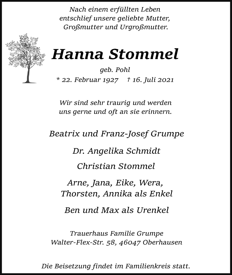 Traueranzeige für Hanna Stommel vom 31.07.2021 aus Kölner Stadt-Anzeiger / Kölnische Rundschau / Express