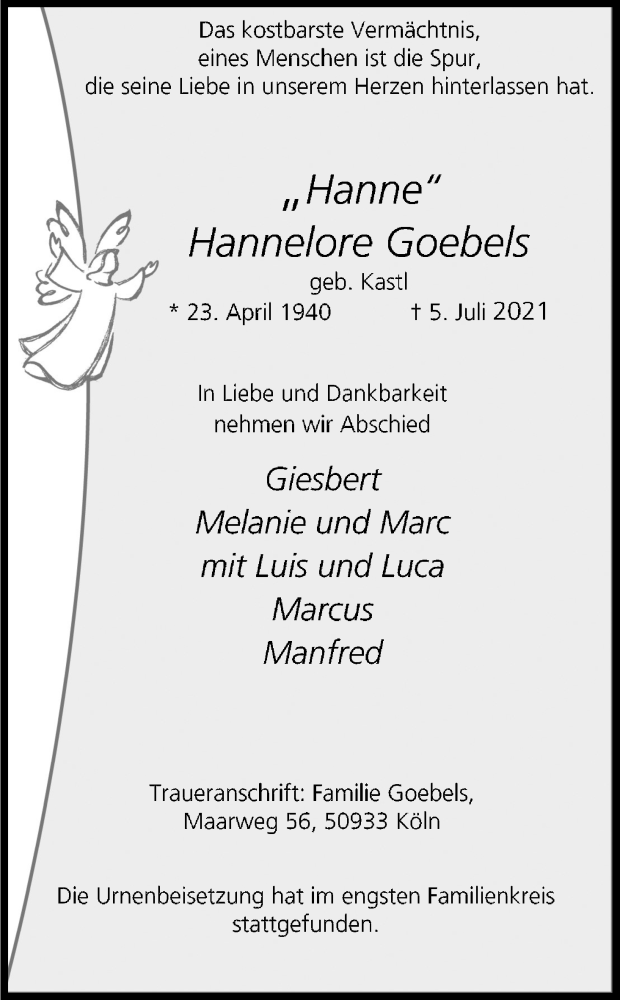  Traueranzeige für Hannelore Goebels vom 17.07.2021 aus Kölner Stadt-Anzeiger / Kölnische Rundschau / Express