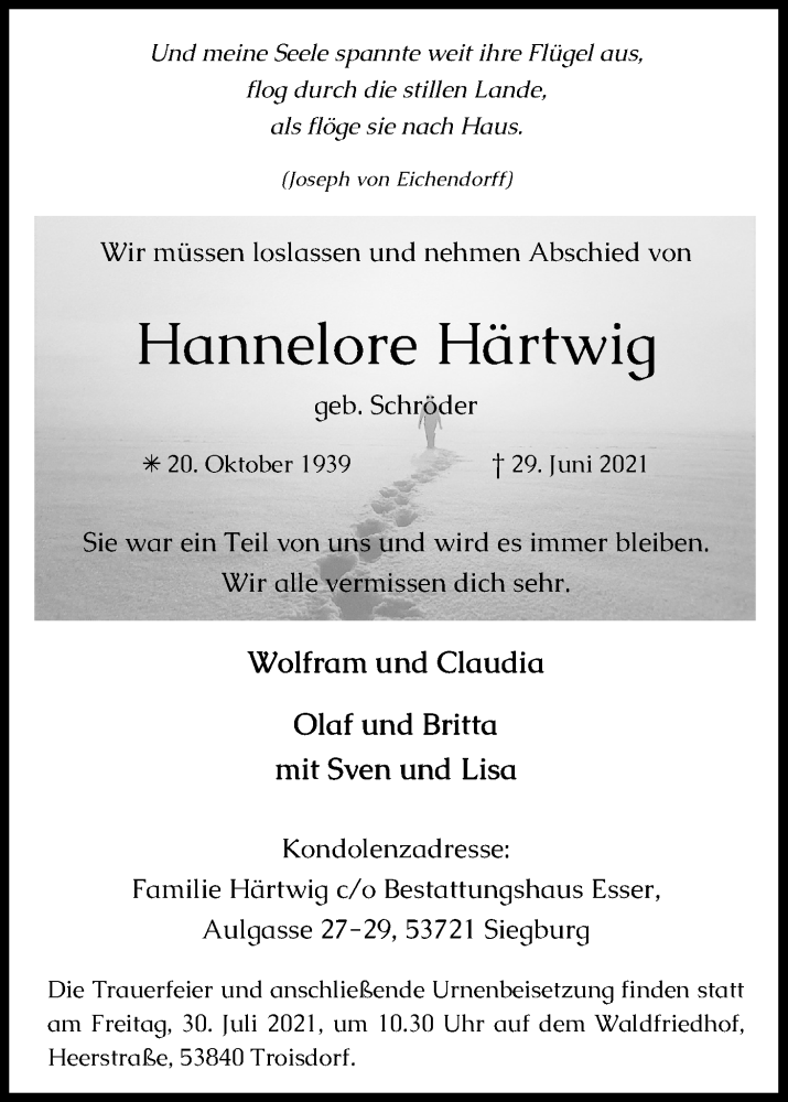  Traueranzeige für Hannelore Härtwig vom 24.07.2021 aus Kölner Stadt-Anzeiger / Kölnische Rundschau / Express