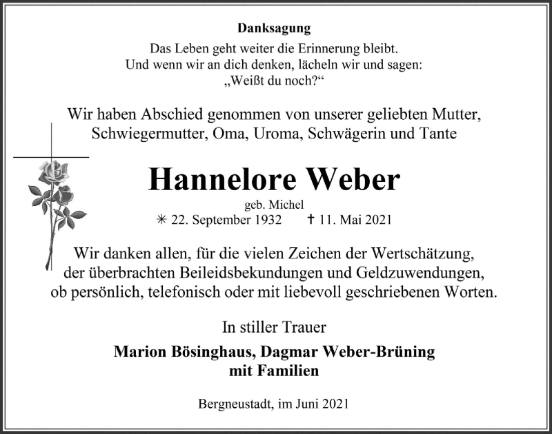  Traueranzeige für Hannelore Weber vom 09.07.2021 aus  Anzeigen Echo 