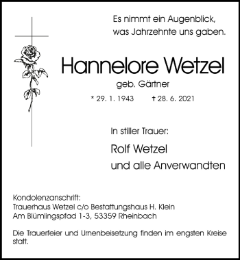 Anzeige von Hannelore Wetzel von  Schaufenster/Blickpunkt 