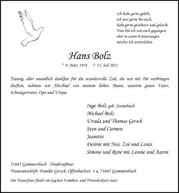 Anzeige von Hans Borz von  Anzeigen Echo 