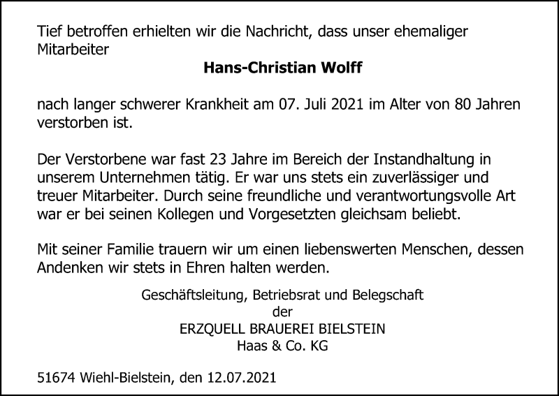  Traueranzeige für Hans-Christian Wolff vom 14.07.2021 aus Kölner Stadt-Anzeiger / Kölnische Rundschau / Express