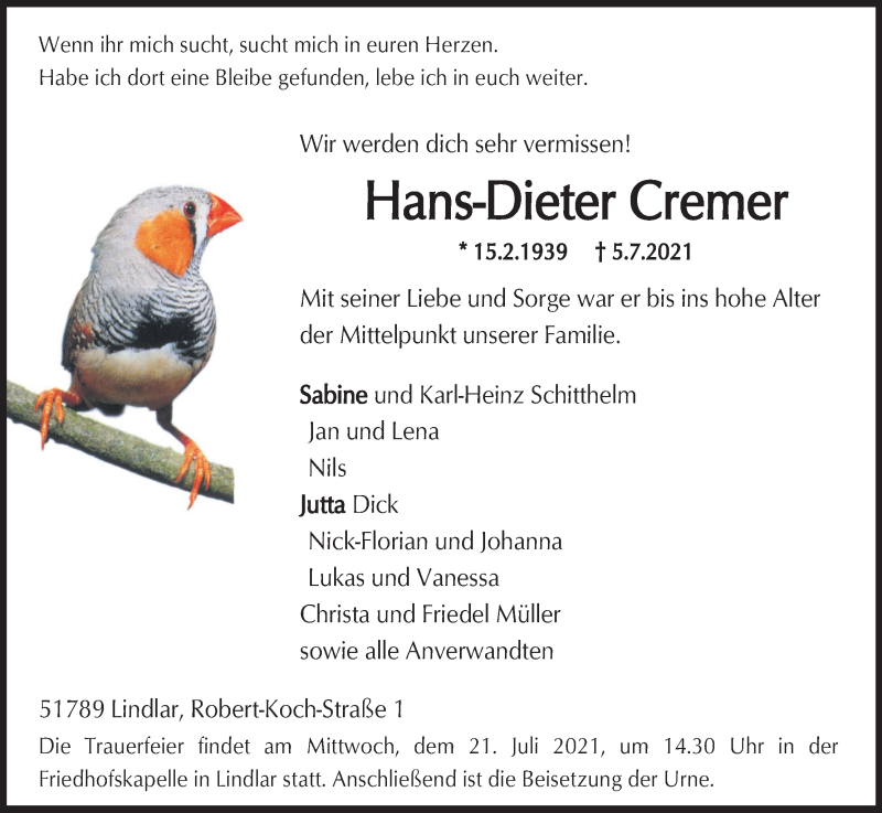  Traueranzeige für Hans-Dieter Cremer vom 10.07.2021 aus Kölner Stadt-Anzeiger / Kölnische Rundschau / Express