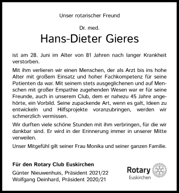 Anzeige von Hans-Dieter Gieres von Kölner Stadt-Anzeiger / Kölnische Rundschau / Express