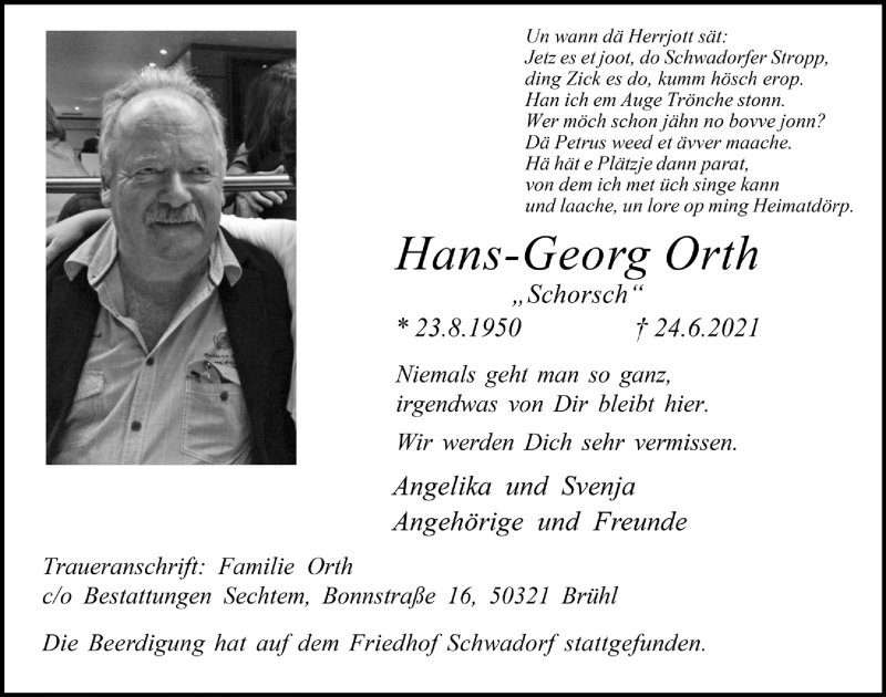  Traueranzeige für Hans-Georg Orth vom 02.07.2021 aus  Schlossbote/Werbekurier 
