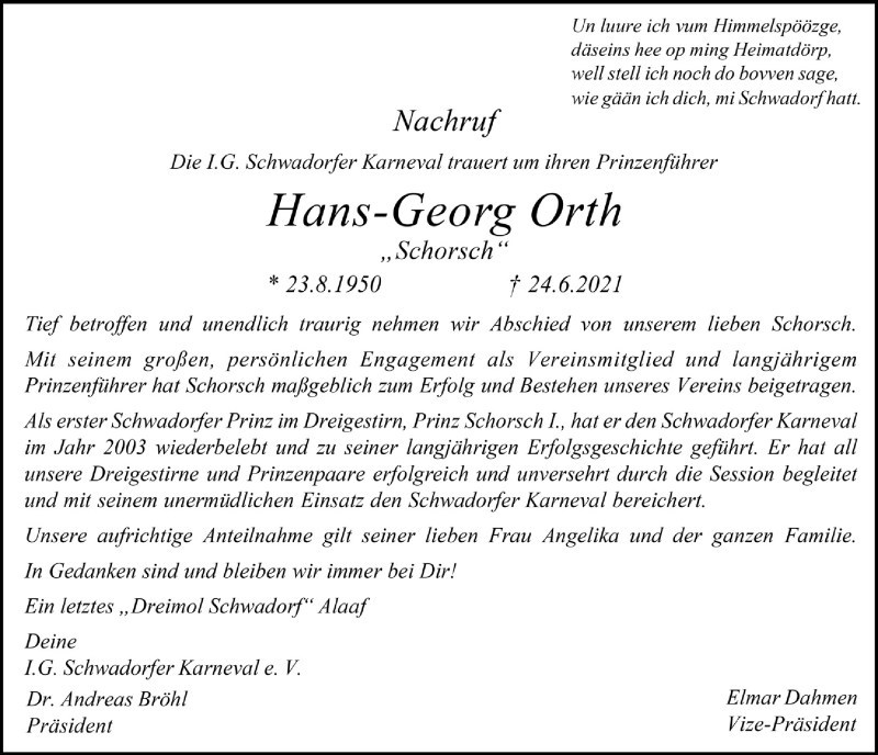  Traueranzeige für Hans-Georg Orth vom 02.07.2021 aus  Schlossbote/Werbekurier 