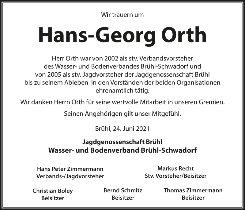  Traueranzeige für Hans-Georg Orth vom 02.07.2021 aus  Schlossbote/Werbekurier 