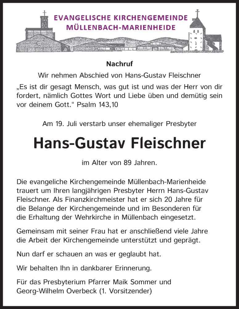  Traueranzeige für Hans-Gustav Fleischner vom 31.07.2021 aus Kölner Stadt-Anzeiger / Kölnische Rundschau / Express