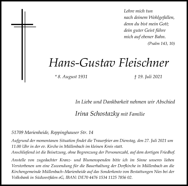  Traueranzeige für Hans-Gustav Fleischner vom 23.07.2021 aus Kölner Stadt-Anzeiger / Kölnische Rundschau / Express