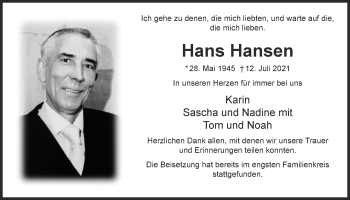 Anzeige von Hans Hansen von  Kölner Wochenspiegel 