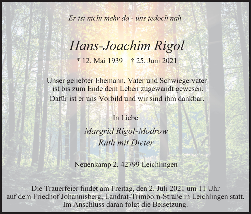  Traueranzeige für Hans-Joachim Rigol vom 02.07.2021 aus Kölner Stadt-Anzeiger / Kölnische Rundschau / Express
