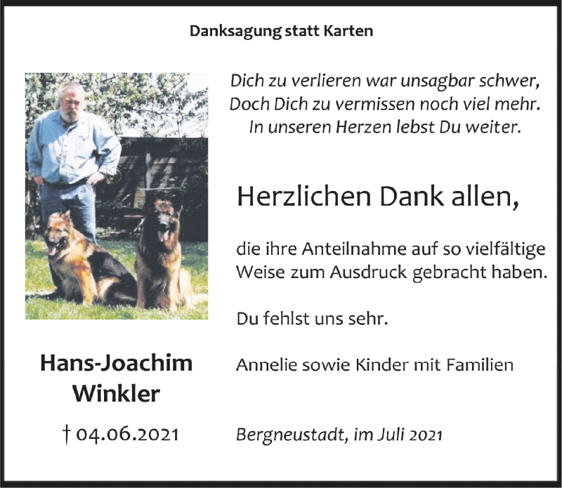  Traueranzeige für Hans-Joachim Winkler vom 09.07.2021 aus  Anzeigen Echo 