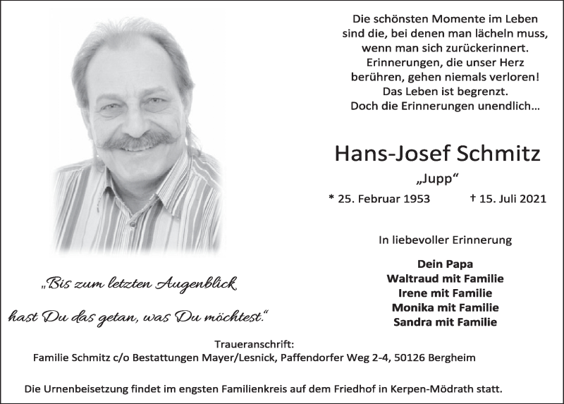  Traueranzeige für Hans-Josef Schmitz vom 23.07.2021 aus  Werbepost 