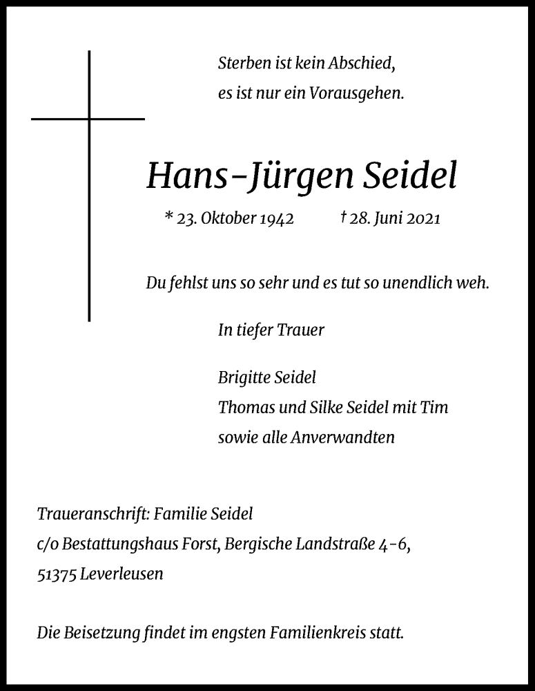  Traueranzeige für Hans-Jürgen Seidel vom 03.07.2021 aus Kölner Stadt-Anzeiger / Kölnische Rundschau / Express