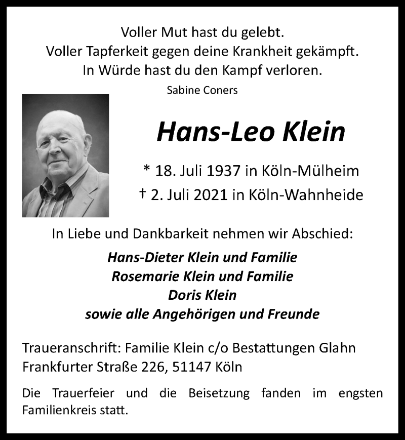  Traueranzeige für Hans-Leo Klein vom 23.07.2021 aus  Kölner Wochenspiegel 