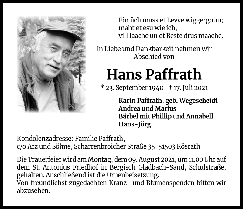  Traueranzeige für Hans Paffrath vom 31.07.2021 aus Kölner Stadt-Anzeiger / Kölnische Rundschau / Express