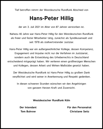 Anzeige von Hans-Peter Hillig von Kölner Stadt-Anzeiger / Kölnische Rundschau / Express