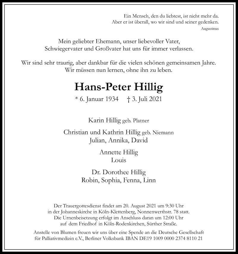  Traueranzeige für Hans-Peter Hillig vom 17.07.2021 aus Kölner Stadt-Anzeiger / Kölnische Rundschau / Express