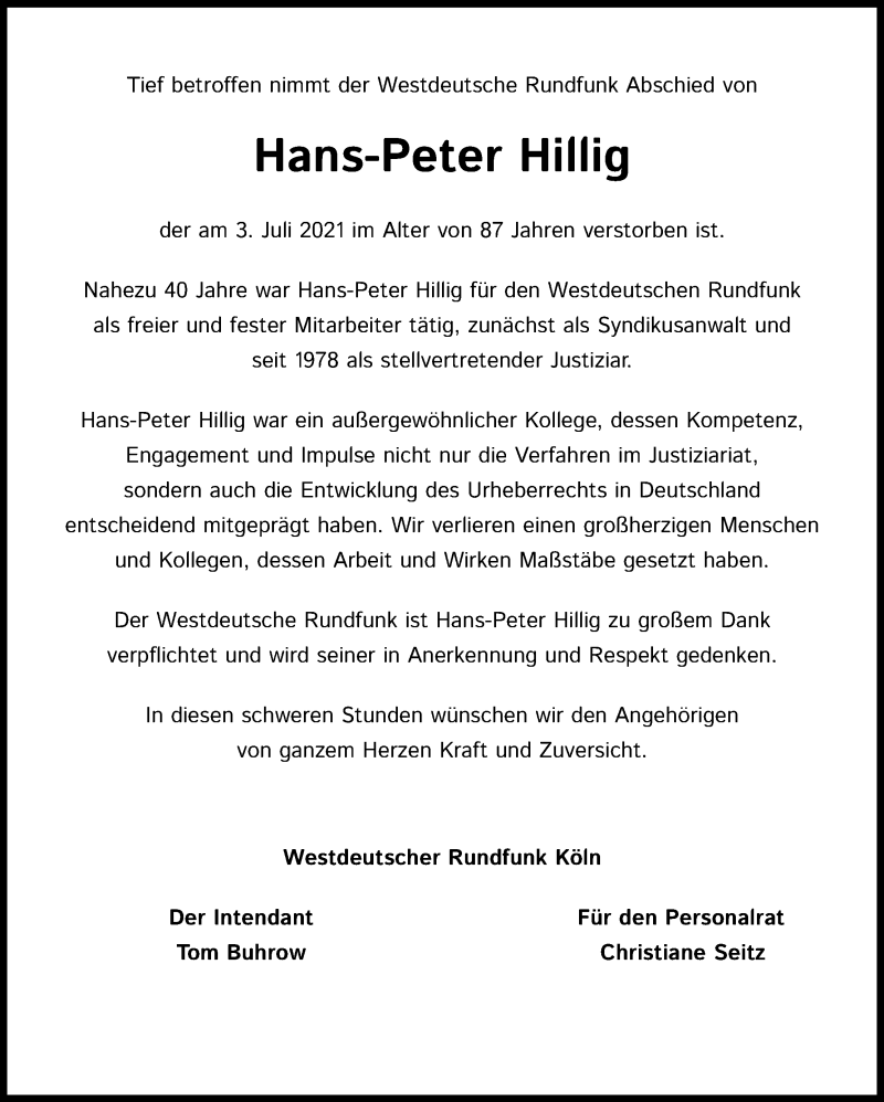  Traueranzeige für Hans-Peter Hillig vom 17.07.2021 aus Kölner Stadt-Anzeiger / Kölnische Rundschau / Express