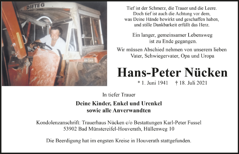  Traueranzeige für Hans-Peter Nücken vom 24.07.2021 aus  Schaufenster/Blickpunkt 