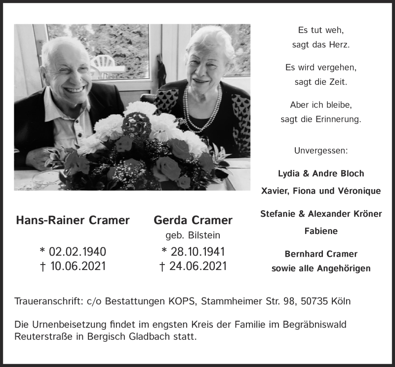  Traueranzeige für Hans-Rainer Cramer vom 16.07.2021 aus  Bergisches Handelsblatt 