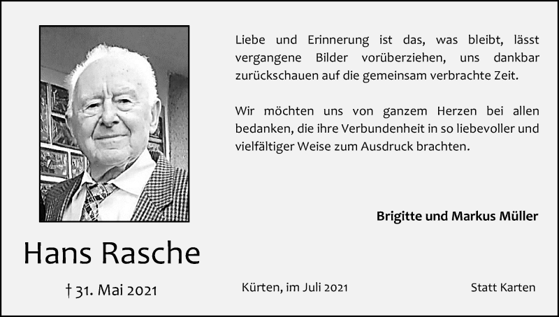  Traueranzeige für Hans Rasche vom 24.07.2021 aus Kölner Stadt-Anzeiger / Kölnische Rundschau / Express