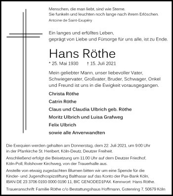 Anzeige von Hans Röthe von Kölner Stadt-Anzeiger / Kölnische Rundschau / Express