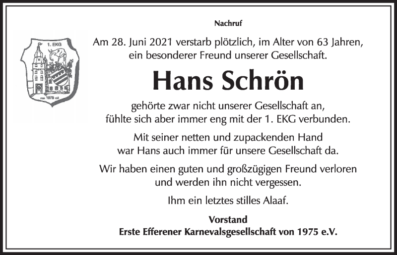  Traueranzeige für Hans Schrön vom 30.07.2021 aus  Wochenende 