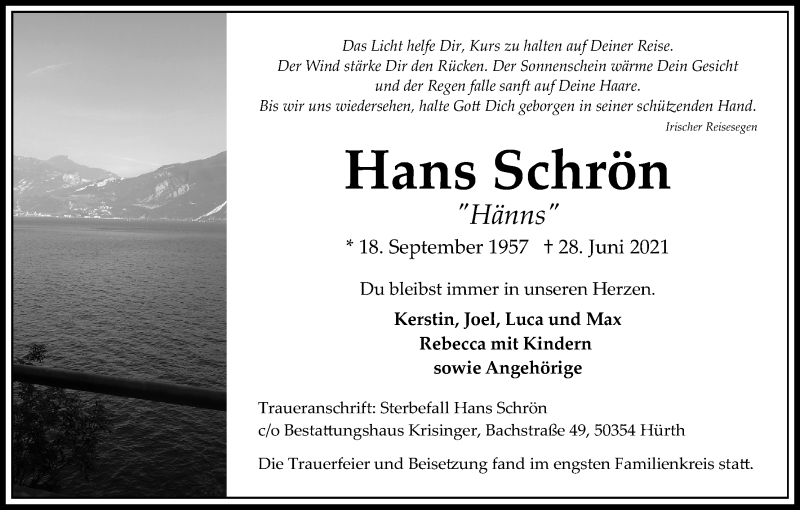  Traueranzeige für Hans Schrön vom 10.07.2021 aus Kölner Stadt-Anzeiger / Kölnische Rundschau / Express